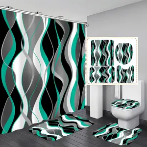 4 count Turquoise and Black Striped Shower Curtain Set Grey and White Bathroom Sets with Shower Curtain and Rugs Modern Home Bathroom Decor Shower Curtains with Rugs and Toilet Lid Cover