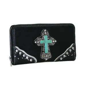212 MAIN Women's Black Leather Western Scratch-Resistant Double Zipper Zip-Around Rhinestone Cross Leather Rodeo Wallet, Wallet Coin Purse, Western Accessory for Rodeo Use