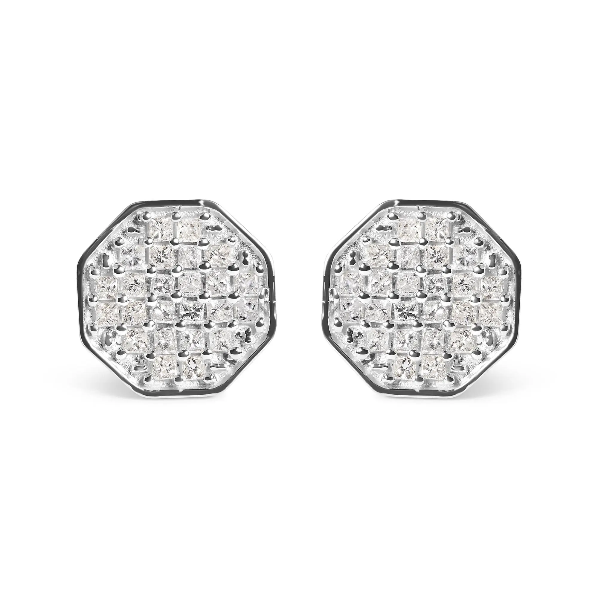 10K White Gold 7/8 Cttw Princess Diamond Composite Octagon Shaped Stud Earrings (I-J Color, I1-I2 Clarity)