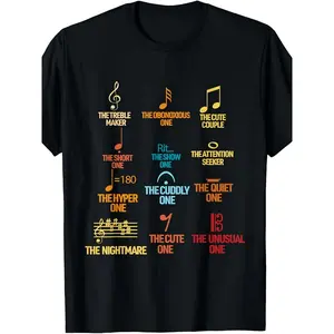 Men'S Funny Music Note and Symbol T-Shirt| Retro Musical Staff Design with Treble and Bass Clef, Quavers, Semi-Breves - Comfortable Casual Tee for Musicians, Concerts and Casual Attire, Crew Neck, Regular Fit, All-season Wear