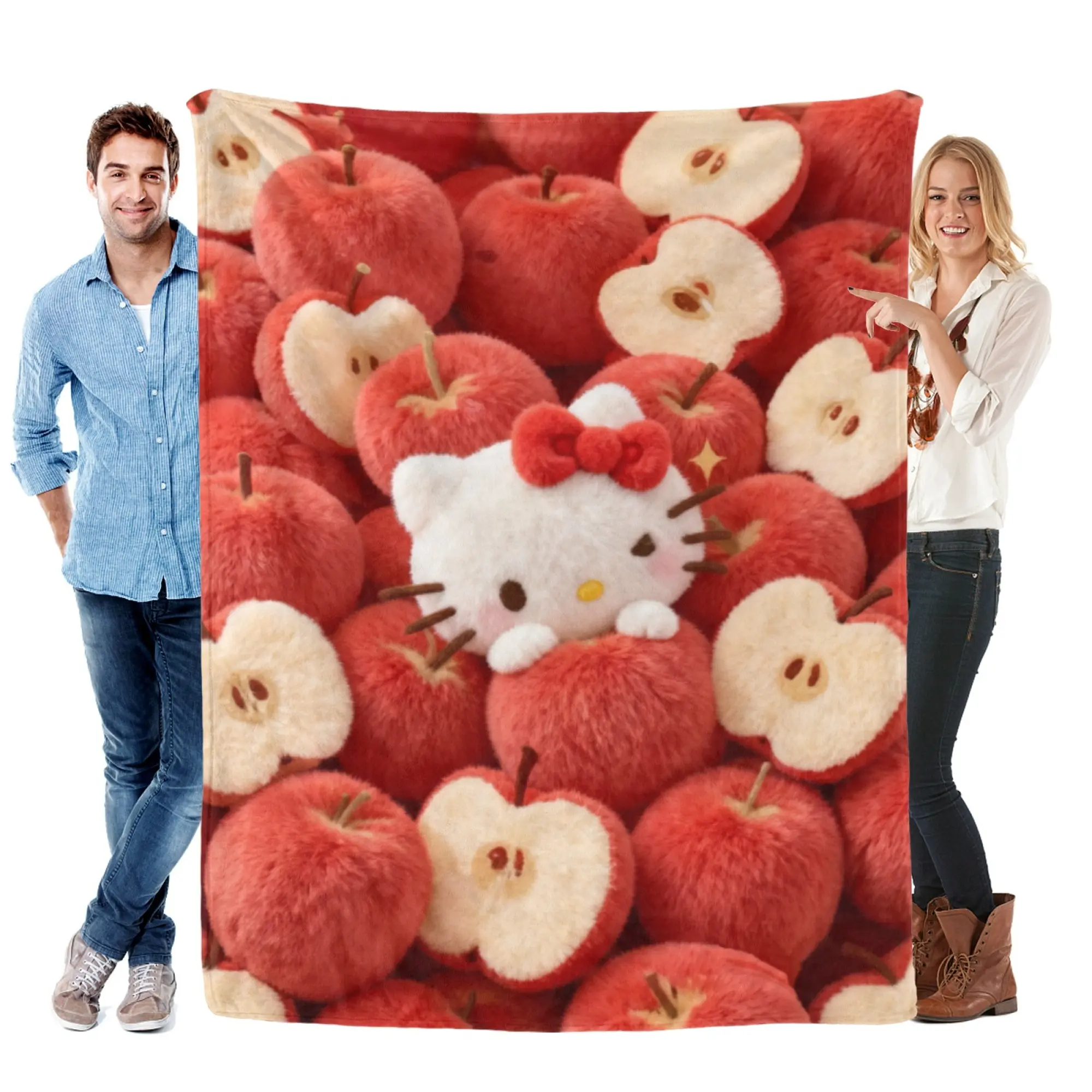 [SummerVibes] SANRIO CLASSIC Hello Kitty Red Apple Flannel Blanket - Soft, Warm with Vibrant 2D Faux-Plush Print, Throw for Sofa, Bed & Office Nap