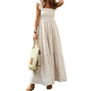 Women's Gingham Maxi Dress, Elegant Bohemian Style with a Square Neck, Ruffle Sleeves and Smocked Waist for Casual Summer Vacation Streetwear