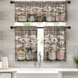Set of 3 Farmhouse Floral Kitchen Window Curtains, Including a Valance And Tier, Measuring 36 Inches. Features Rustic Vintage Daisies for an Inspirational Touch, Perfect for Country-Style Kitchen Decor with Wooden Drapes Colorful Room Divider Foldable