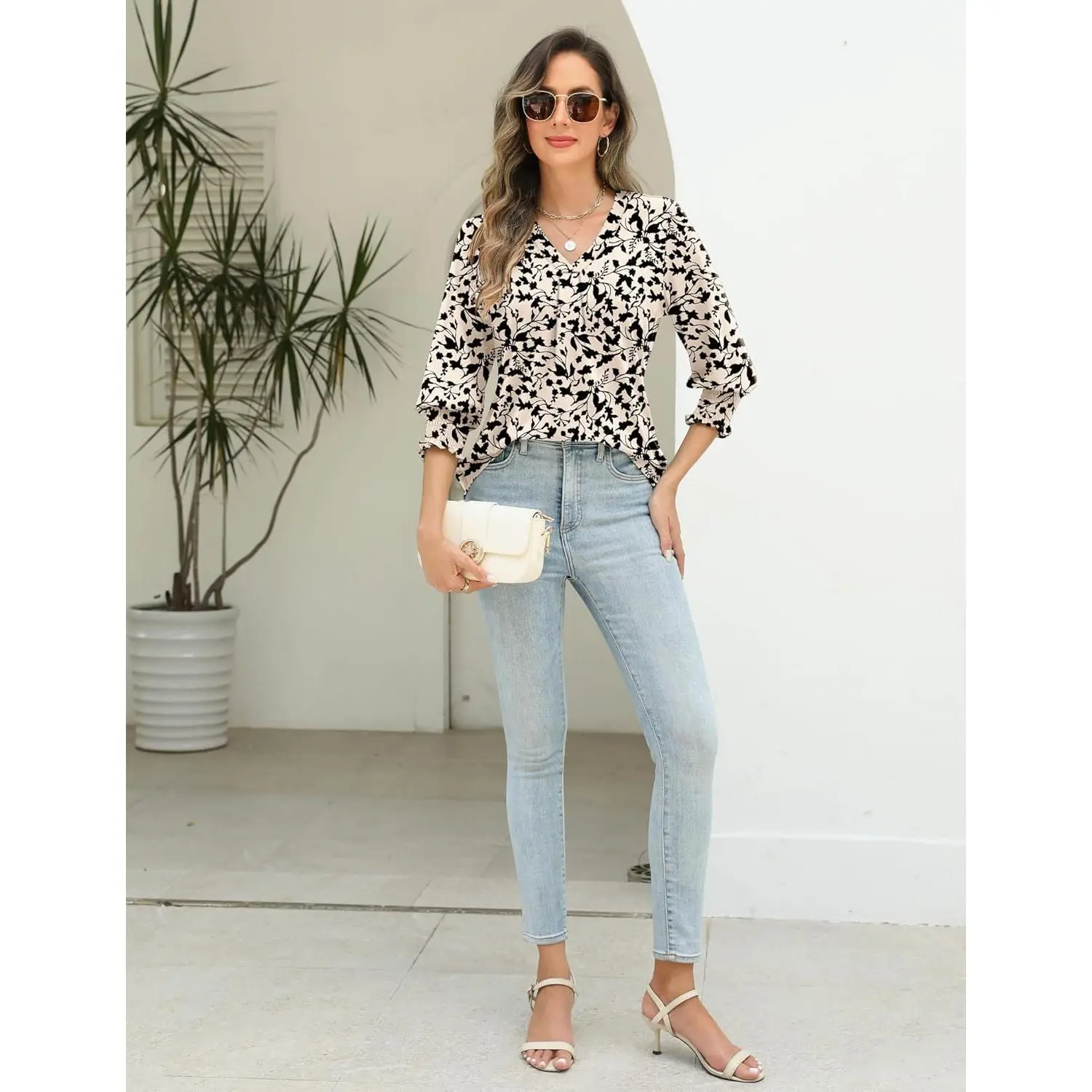 3/4 Length Sleeve Womens Tops Summer Fashion V Neck Business Casual Blouses Smocked Shirts 3/4 Length Sleeve Womens Tops Summer Fashion V Neck Business Casual Blouses Smocked Shirts