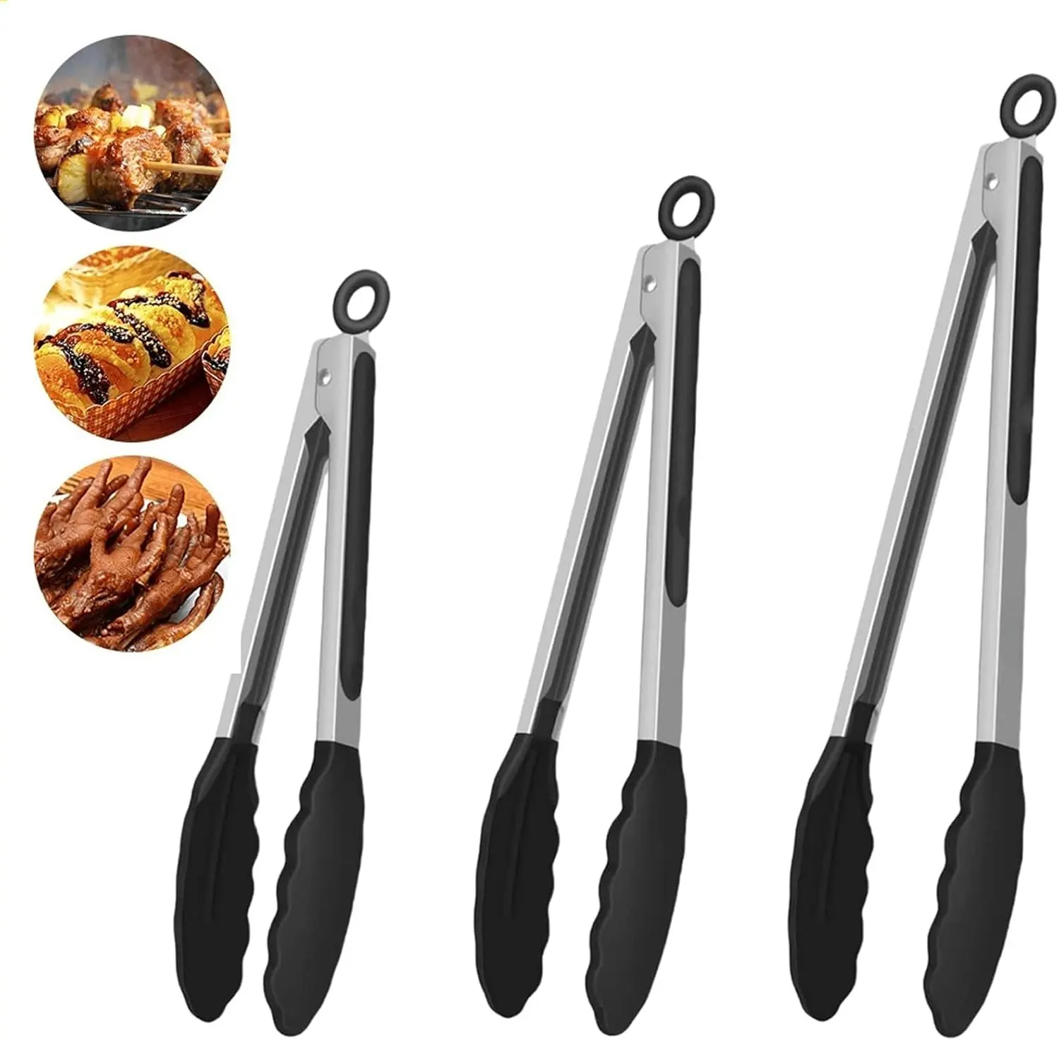 3pc Kitchen Serving Tongs Set for Cooking, Mini Stainless Steel Food Tong Utensils with Tips, Non Stick Home Tewwzers Tools & Gadgets for BBQ, Air Frying, Grilling, Salad, Black