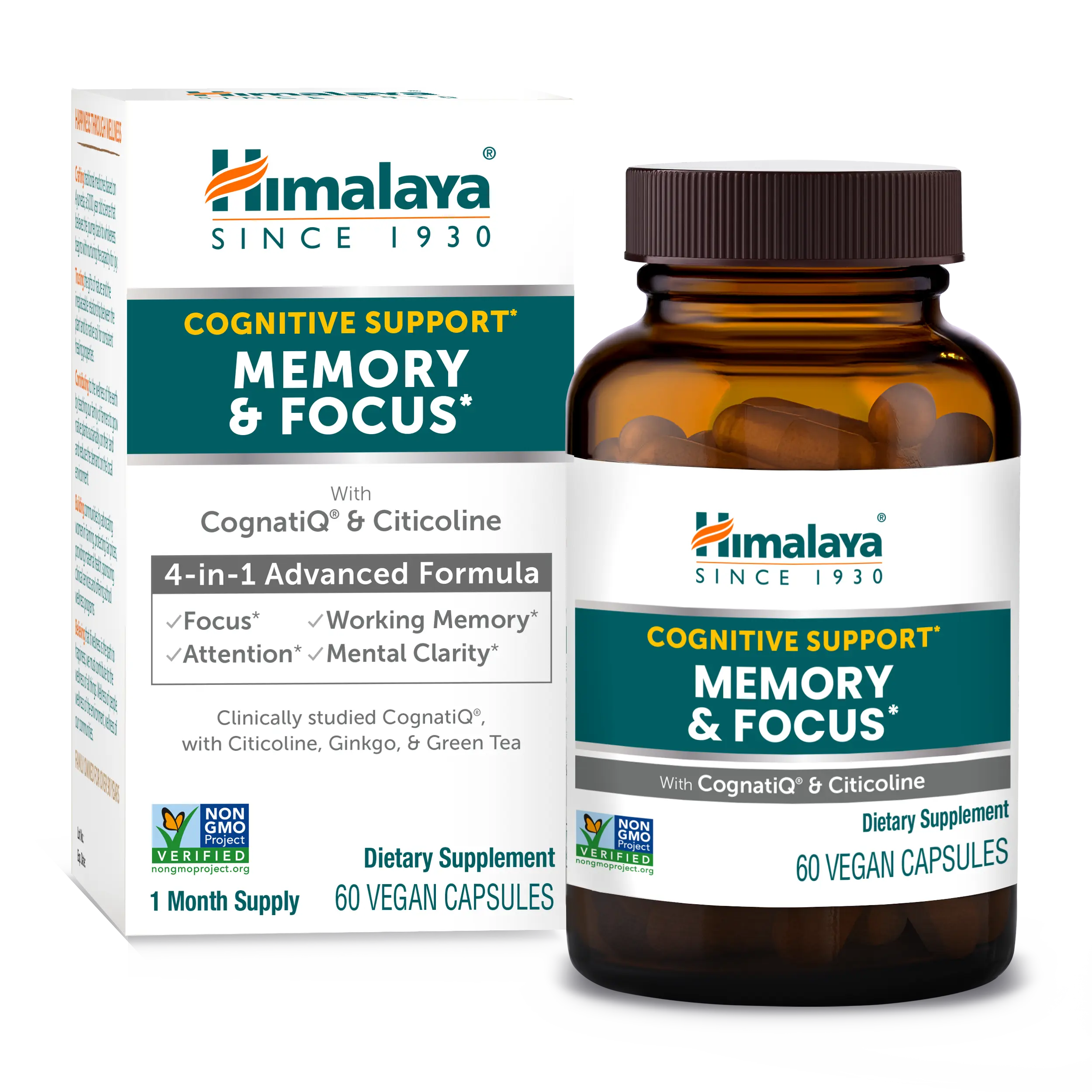 HIMALAYA Memory & Focus 4-in-1 Advanced Formula with CognatiQ® Coffee Extract Citicoline Ginkgo & Green Tea for Focus Attention & Mental Clarity 60 Vegan Capsules