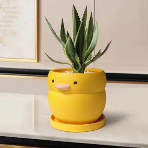 4 Inch Yellow Duck Plant Pot Ceramic Planter with Drainage Tray Indoor Plants Succulent Pot Tabletop Organizer Decor Pen Holder Cartoon Statue Unique Gift