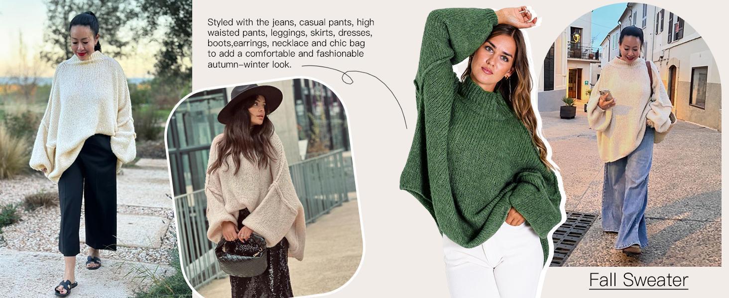 Imily Bela【Oversized】Womens Sweaters Mock Neck Batwing Long Sleeve Fall Trendy Ribbed Knit Casual Tunic Sweater