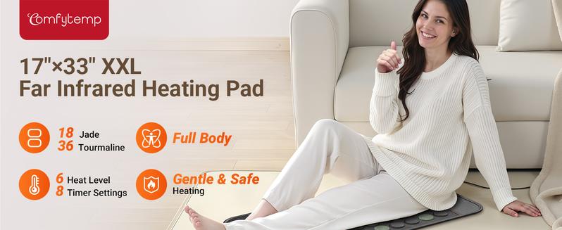 Comfytemp Extra-large Far-infrared Heating Pad 17x33 inches XXL with Natural Gemstones 6 Temperature 8 Timer Settings Ideal for Muscle Aches Gift for Men Women
