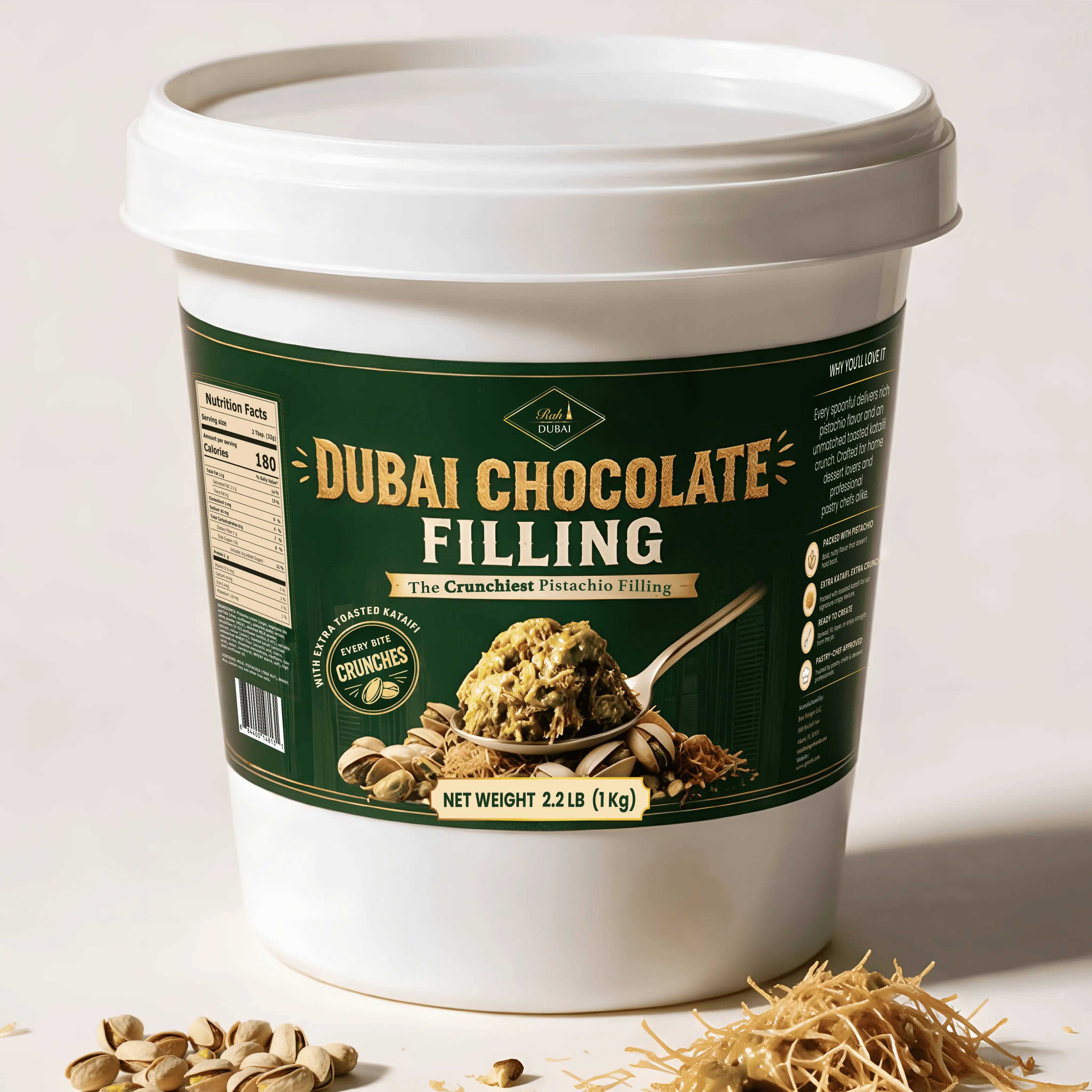 Rah Dubai Crunchy Chocolate Filling Snack - Pistachio Cream Nut with Kataifi, 2.2Lb/1Kg/35oz, Ideal for Gourmet Desserts, Kunafa