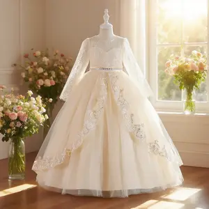 2301 Kids white long sleeve lace elegant girls princess dress light with sequins and lace details dance dress perfect for birthdays and formal occasions