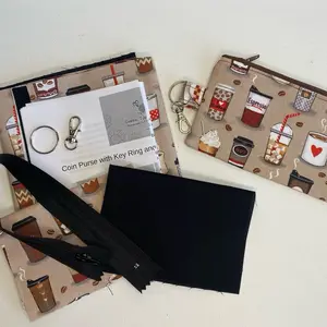 Sewing Kit for Coin Purse with Key Ring and Lobster Claw - Includes Fabric, Instructions, and Assorted Fabric Cutouts for Beginner Sewing