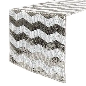 14 x 108 inch Chevron Sequin Table Runner White and Silver