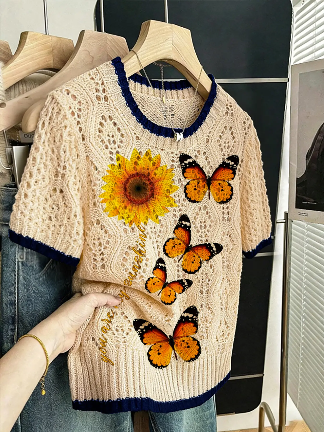 Women's Vintage Aesthetic Butterfly Sunflower Letter Print Knit Sweater T-Shirt, Round Neck Short Sleeve, Casual Breathable Design, All Seasons