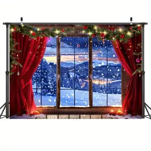 1pc, Festive Christmas Backdrop: Winter Wonderland Snowy Window Scene with Red Curtains and Christmas Lights - Perfect for Holiday Parties and Photo Shoots, Party Banner
