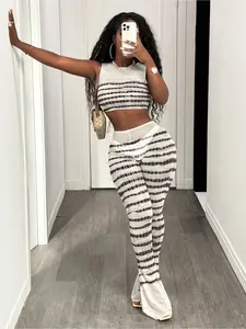 USBOUTIQUE CHIC Women's 2026 Spring Stripe Two Piece Set Sleeveless Top & High Waist Pants Casual Lounge Matching Outfit Lightweight Nylon Blend Fabric