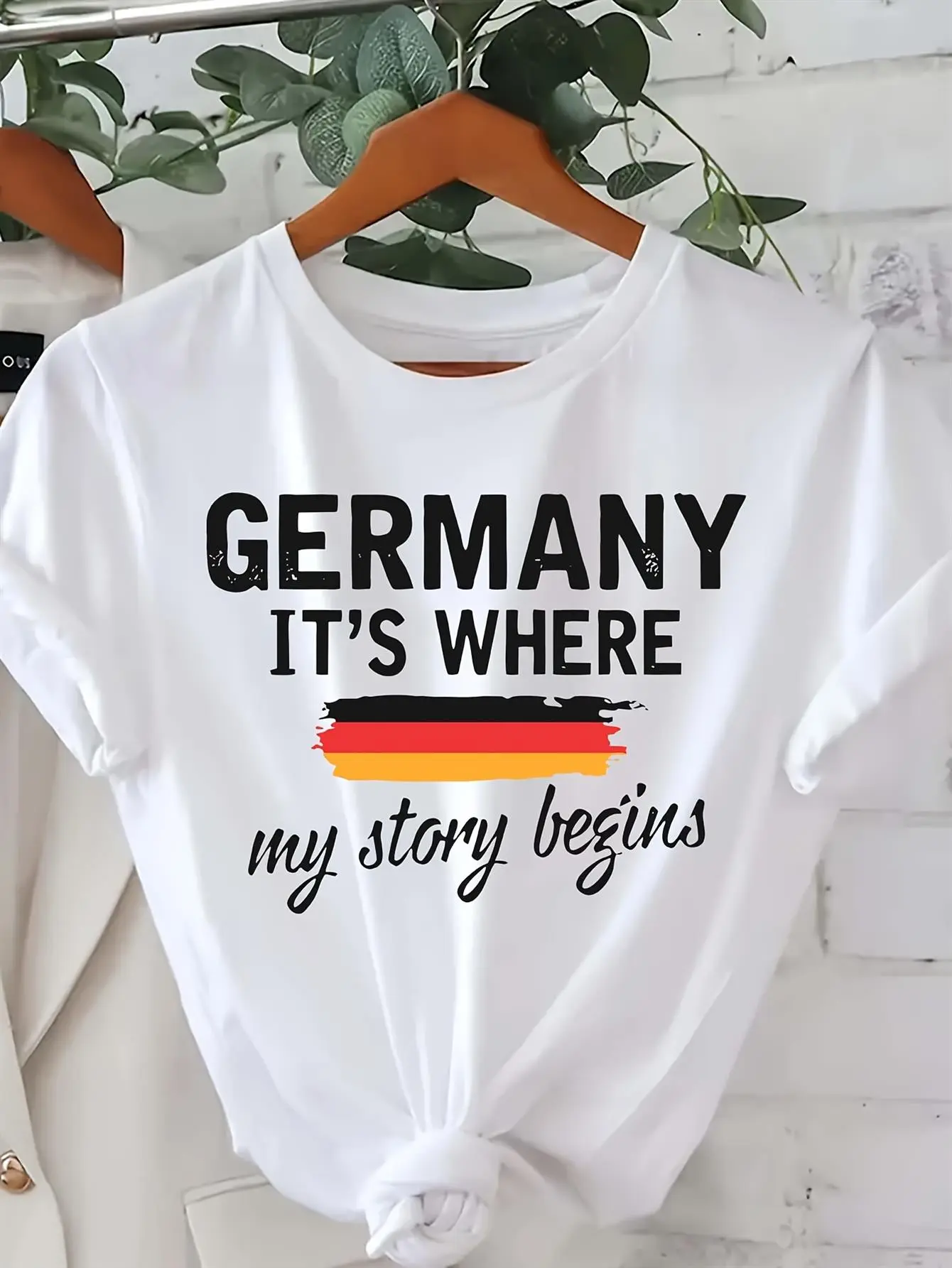 Women's Plus Size Germany Flag T-Shirt - "Germany It's Where My Story Begins" Casual Short Sleeve Round Neck Top, German Pride Apparel, Machine Washable Comfort Fit for Casual Attire & Themed Events