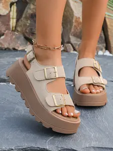 Women's Casual PU Leather Slip-On Sandals, Breathable Hollow Out Design, Lightweight Summer Footwear, Comfortable Wedge Heels