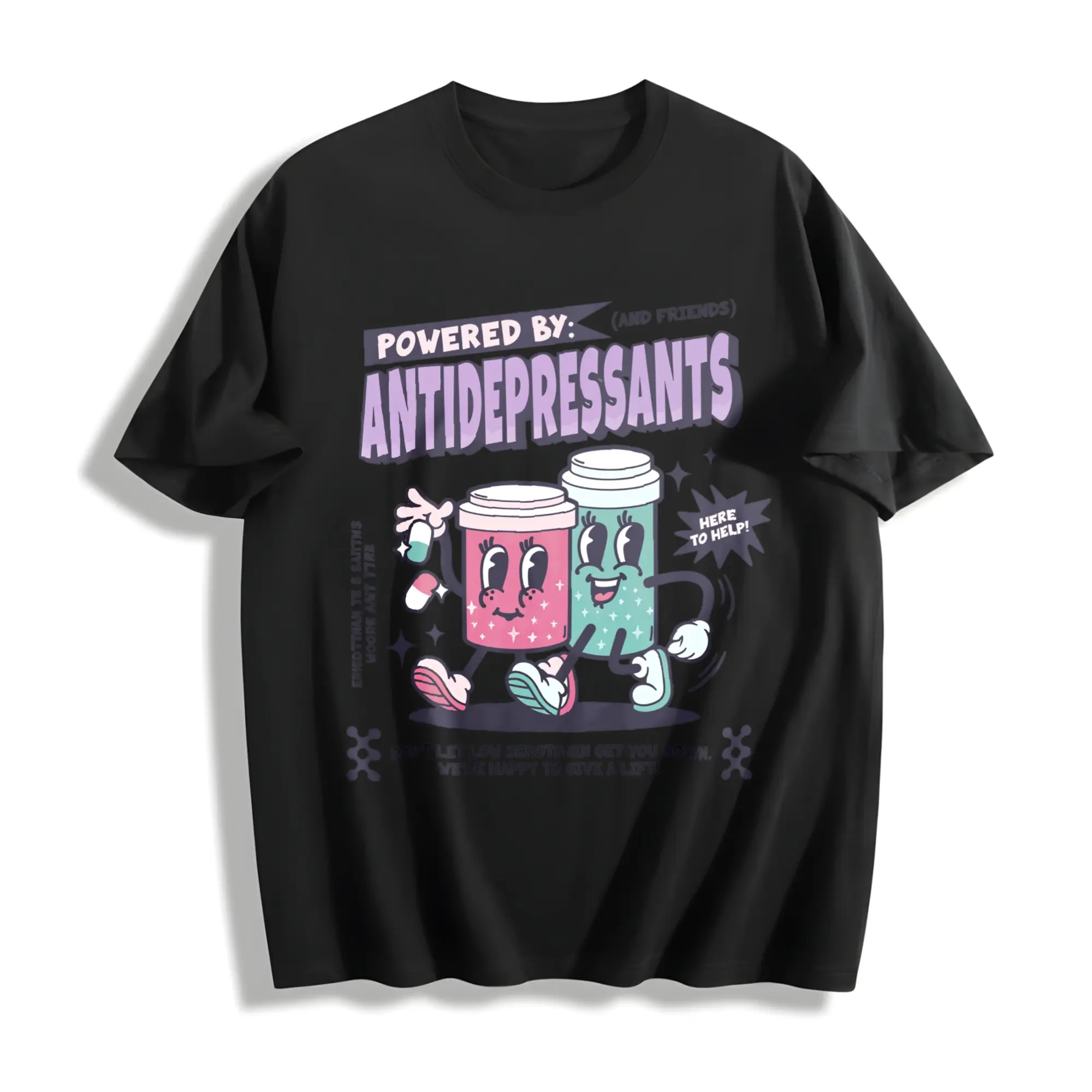 Retro Powered By Antidepressants Shirt, Funny Mental Health Shirt, Cute Depression Shirt Anxiety Shirt Dark Humor Cotton Light