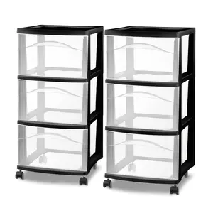 Sterilite 3 Drawer Storage Cart, Plastic Rolling Medium Organizer, Black, 2 Pack