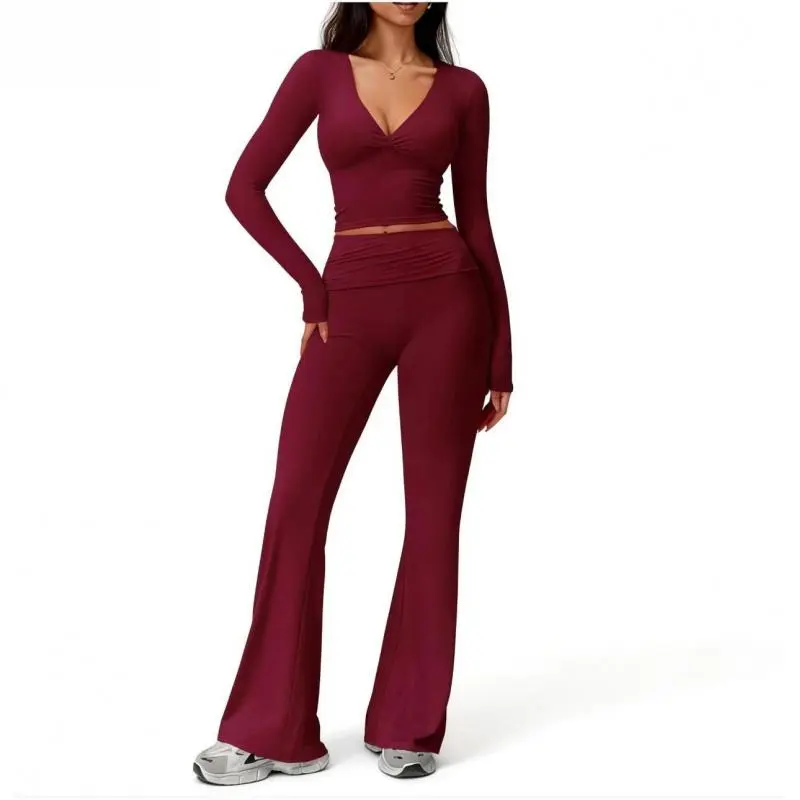 Women's 2-Piece Slim Fit Tee & Activewear Set: Plain Long Sleeve V-Neck Top, Flipped High-Waist Flared Leggings for Yoga, Gym, Two Piece Set, Coverage