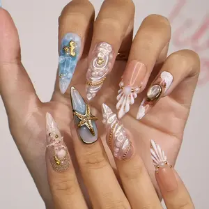 Long Almond Press-On False Nails, Handmade Summer Ocean-Inspired Art with 3D Turtle and Starfish, for Holiday and Vacation