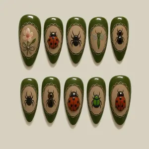 Hand-Painted Bug Press On Nails, 3D Insect Themed Nails Art, Insect Lover Nails, Medium Almond Fake Nails