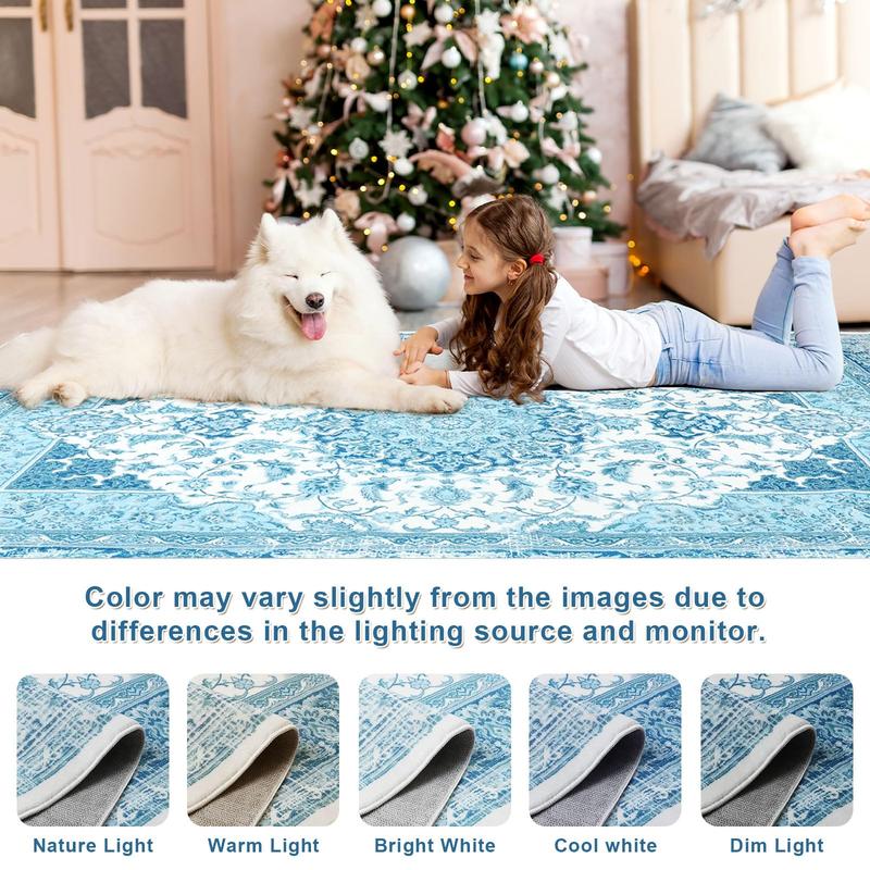 Non-Slip Washable Faux Wool Vintage Boho Rug, Retro Distressed Medallion Carpet 5x7 6x9 ft, Red/Blue Low Pile Soft Mat for Entryway Kitchen Traditional Interiors