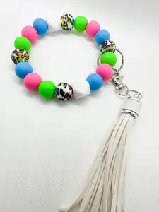 Neon Leopard Print Wristlet Keychain with Faux Leather Tassel woman key