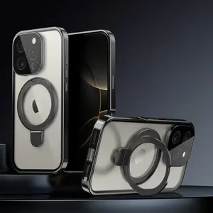 Metal Frame 360 Degree Full Coverage Magnetic Stand Phone Case with Lens Protector, Tempered Glass Front, Anti-Drop, Fits iPhone 16/15/14/13/12