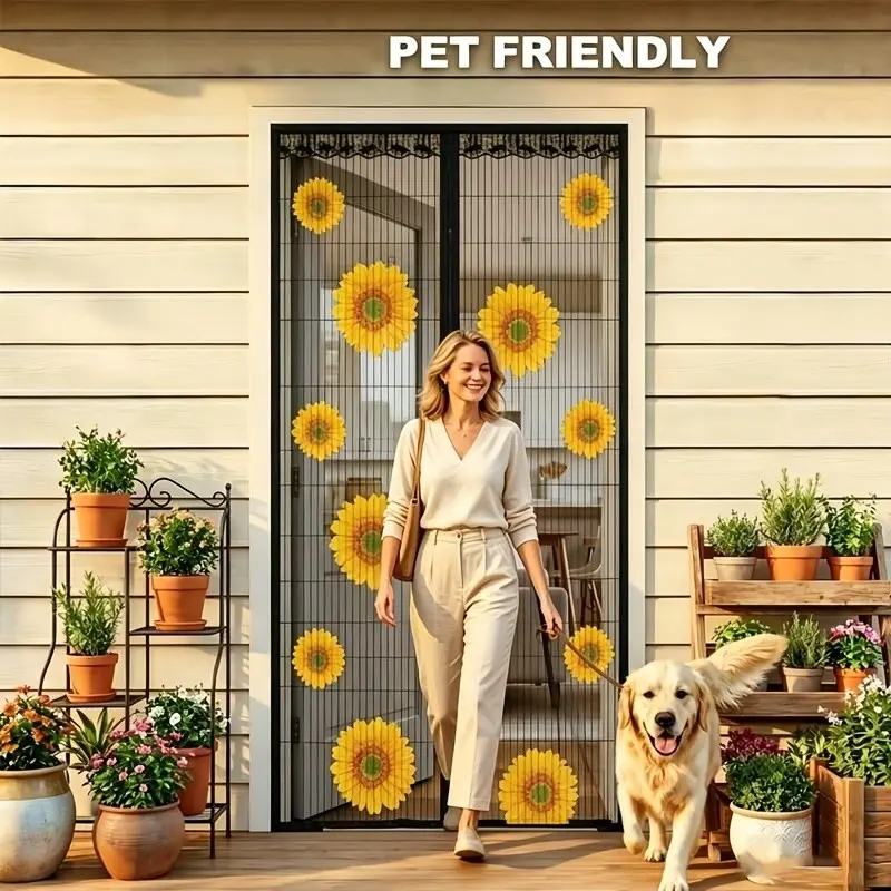 Magnetic Closure Curtain, Automatic Closing, Mosquito Proof, Breathable, Sunflower Print, Lace Design, Pet Friendly, Home Garden Use, Door Entrance
