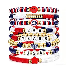 4th of July Red White Blue Clay Beaded Stackable Stretch Bracelets - USA Themed Merchandise for Women, Teens, Fashion Costume Jewelry Gifts