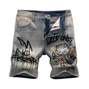 New Retro Printed Ripped Jeans Straight-Leg Wide-Leg Stretch All-Season Streetwear Y2K Vintage Wash Pocket Fabric