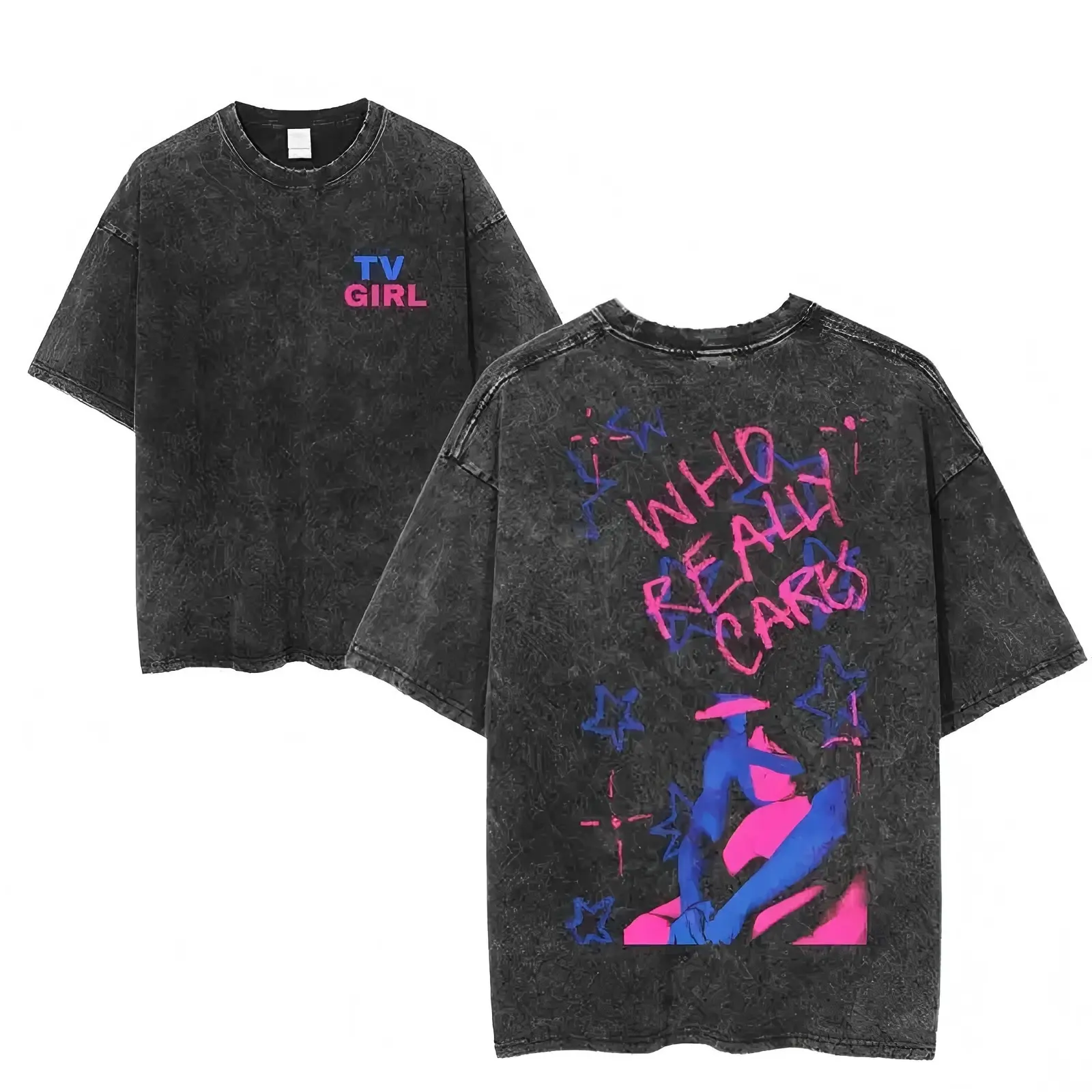 TV Girl Who Really Cares Graphic Tee, Indie Pop Band Tour Shirt, Vaporwave Aesthetic Streetwear, Washed Black Unisex Music Fan T-Shirt Fit Vintage tiktokshopspringglowup,summervibes outdoorfun,funny graphic tee, men’s trendy t-shirts, Crewneck Round Neck
