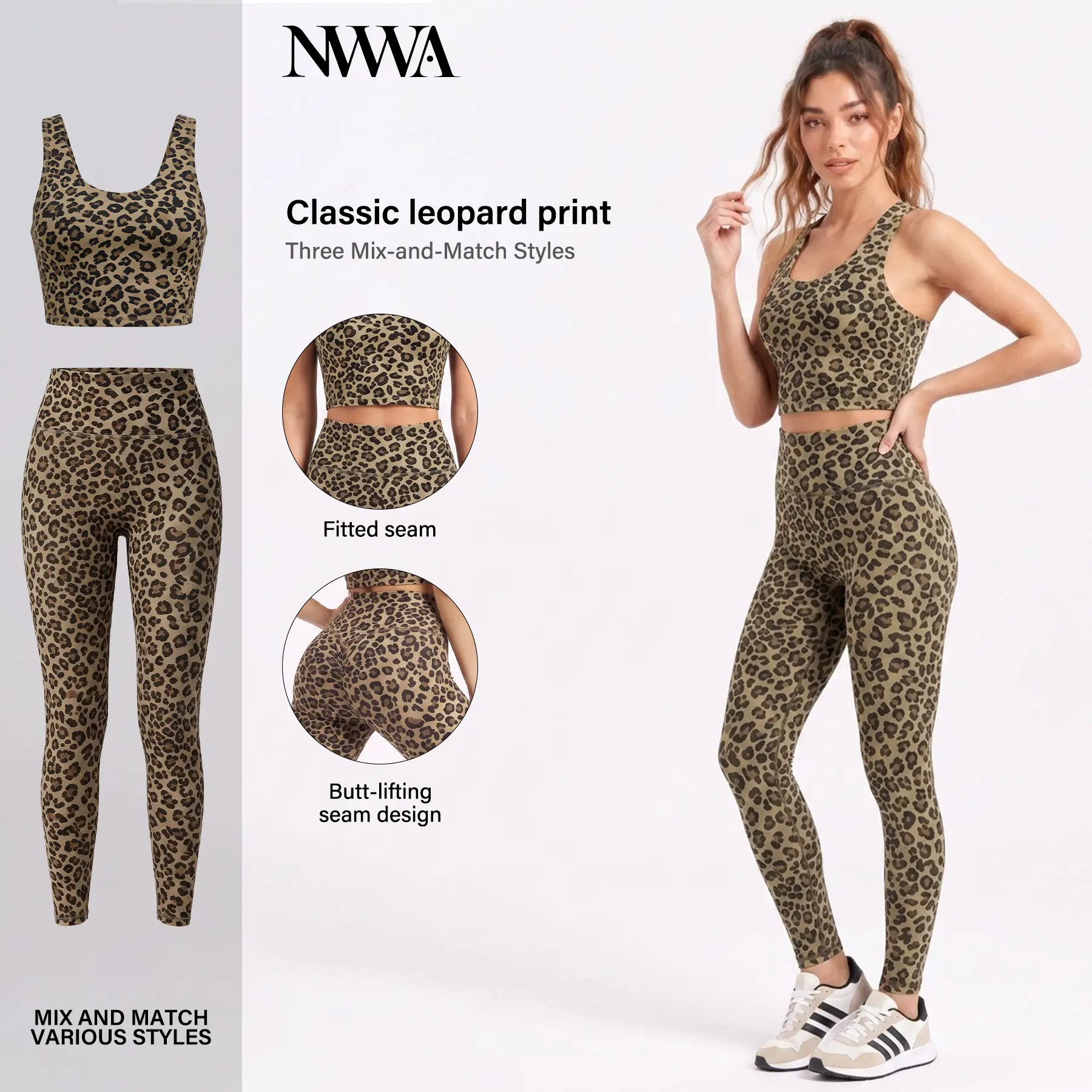 NVWA Women's Leopard Print Athleisure Sets - Individual Pieces Sold Separately - Choose Full Zip Long Jacket, Cropped Zip Top, Padded Sports Bra, or High Waisted Leggings for Gym Women's Clothes Yoga Fitness, Clothes For Women