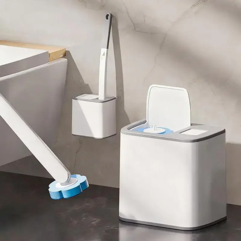 Plastic Self-Closing Auto-Lid Toilet Brush Set with Integrated Detergent Dispenser, Space-Saving Wall-Mounting Holder, 24 Refills, Bathroom Cleaning Tool Kit (Toilet Brush+24Refills Style 1), Toilet Brush+24Refillsstyle 1