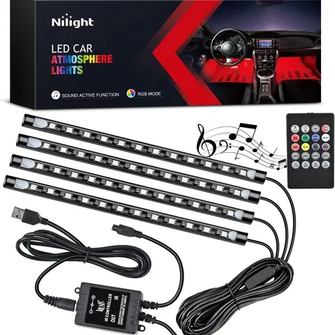 Nilight 48-LED DC 5V Multicolor Music Car Ambient Strip Light Kit, 4PCS USB Under-Dash Decorative Lights with Sound-Active Function, Wireless Remote Control, Ambient Lights