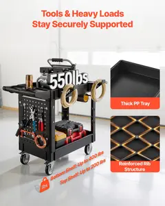 【Super Brand Day】VEVOR Utility Cart, 550 lbs Capacity, 2 Tier Service Cart with 360° Swivel & Fixed Wheels (2 with Brakes), Heavy Duty Plastic Rolling with Tray and Pegboard, Tool Storage for Garage Warehouse Workshop,DEALS FOR YOU