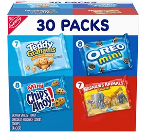 Nabisco Team Favorites Variety Pack, OREO Mini, CHIPS AHOY! Mini, Teddy Grahams Honey & Barnum's Animal Crackers, School Snacks, 30 Snack Packs