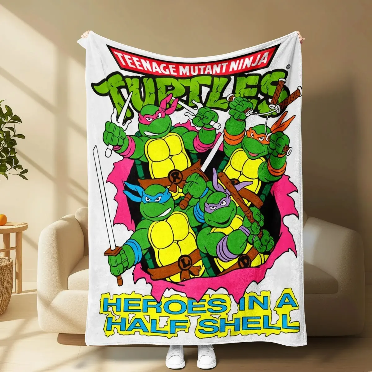 Teenage Mutant Ninja Turtles Retro Cartoon Blanket, Full Team Classic Print, Soft & Skin-Friendly, Perfect for 80s/90s Anime Fans