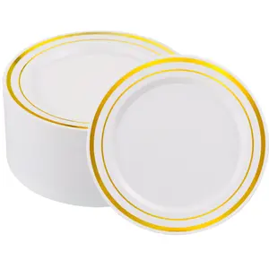 ISFANGCO 50 PCS Gold and White Plastic Plates for 50 Guests,10.25inch Gold Rimmed White Disposable Plastic Plates for Wedding,Party,Birthday,Smooth Edge & Heavy Duty Dinner Plate