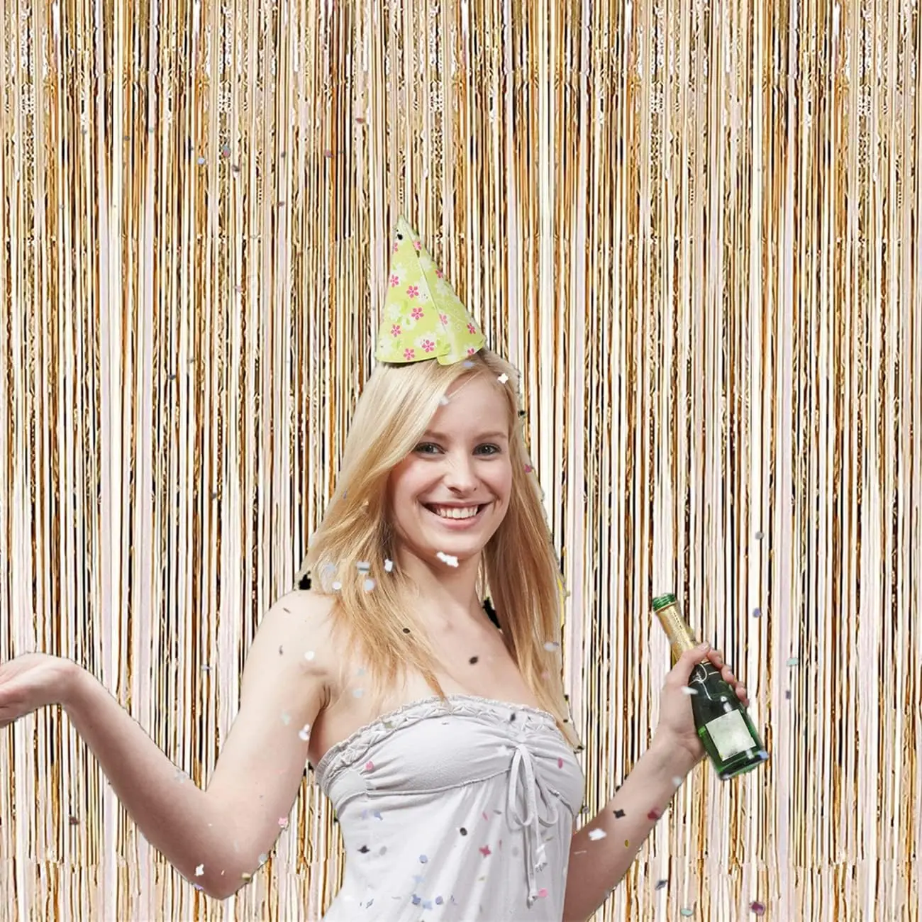 2 Pcs 3.2ft x 8.2ft Champagne Gold Metallic Tinsel Foil Fringe Curtains Photo Booth Backdrop