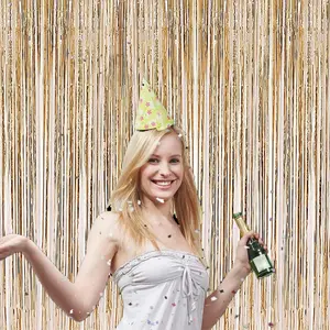 2 Pcs 3.2ft x 8.2ft Champagne Gold Metallic Tinsel Foil Fringe Curtains Photo Booth Backdrop