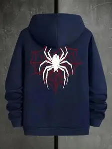 2026 Spider Web Print Hoodie Men Halloween Graphic Sweatshirt Drop Shoulder Casual Pullover with Drawstring Pocket for Spring Fall Daily Holiday Outdoor Wear Fashion Streetwear
