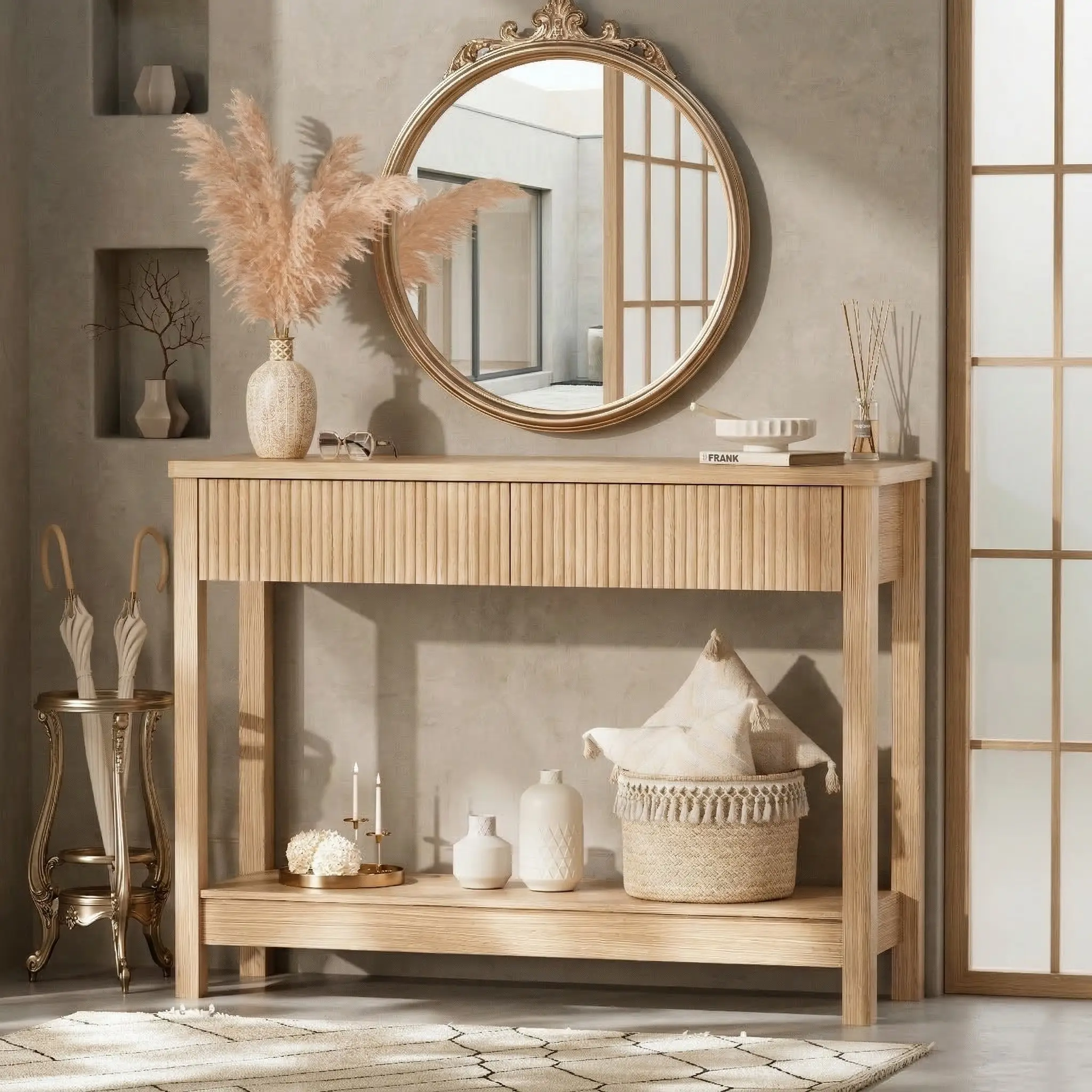 InnoD Boho Fluted Entryway Table - Light Oak Small Handleless Drawer Console with Storage, Fluted Side Table Shelf for Baskets, Tight-Space Fit, Quick Setup Room Decor
