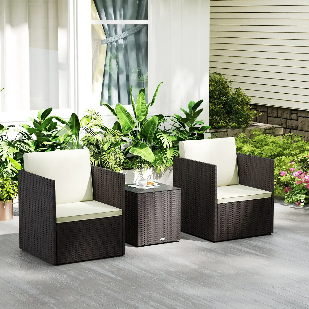 Outsunny Brown 3-Piece Modern Outdoor Wicker Bistro Set with 2 Folding Chairs, Sturdy Frame, Tempered Glass Top Coffee Table (353 lbs. Table Capacity, 110 lbs. Total), Waterproof Cushions, Easy Assembly for Front Porch, Balcony
