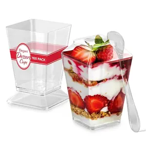 Stock Your Home 100 Pack 5 oz Elegant Mini Clear Plastic Dessert Cups with Lids and Spoons Square Parfait Cup w/Lid for Small Individual Desserts, Pudding Shooters, Appetizers, Trifle Shooter