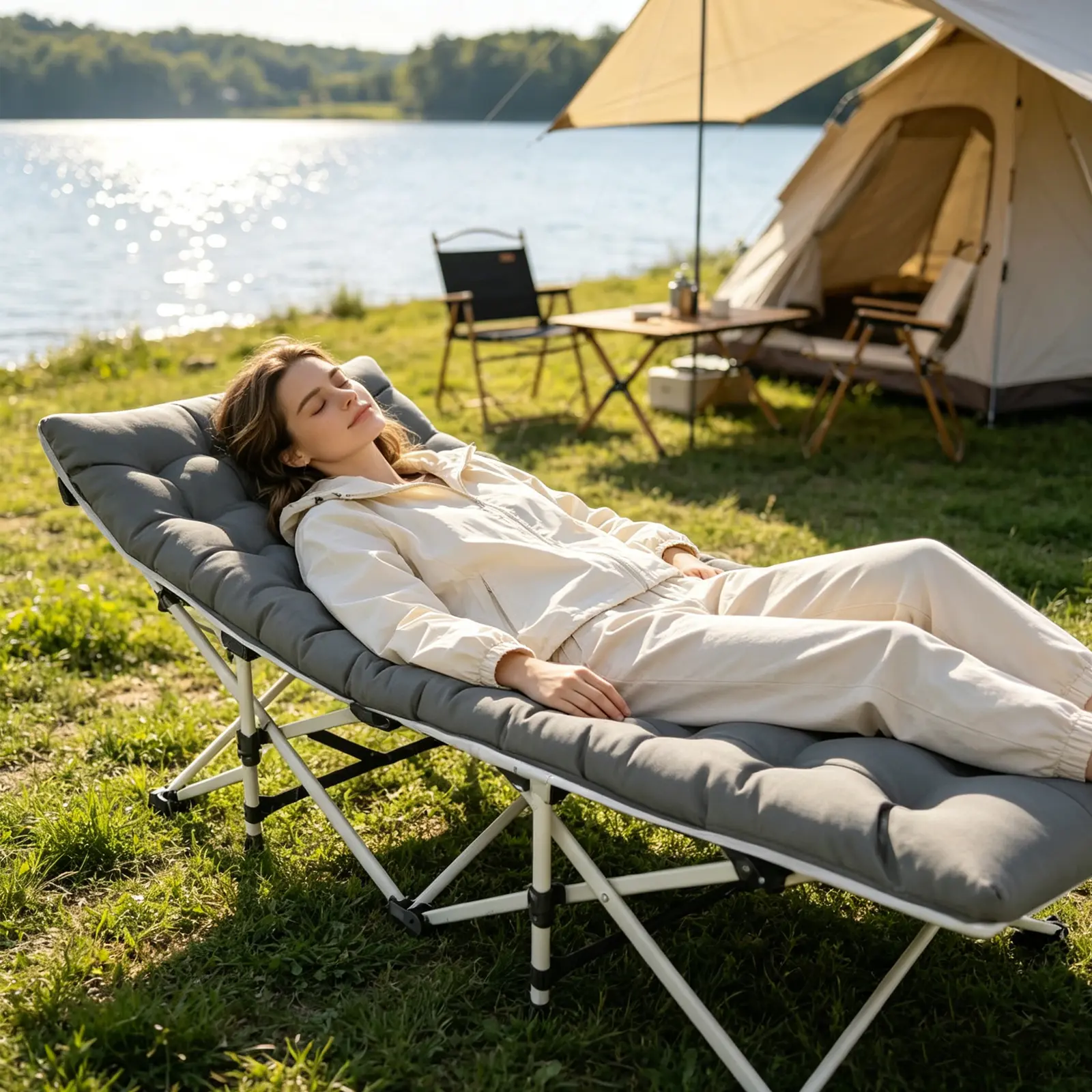 Camping Cot for Adults, Heavy-Duty Portable Cot Bed with Mattress, Foldable Padded Sleeping Cots for Camping Travel Tent Day Bed Outdoor & Home Guest, Max Load 450 LBS
