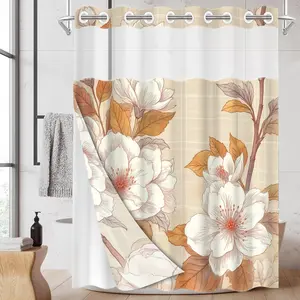 1pc 2D Flat Printing hookless shower curtain hanger liner Retro Style White Flowers Fabric waterproof lining shower curtain with transparent window, double-layer shower curtain, 71 x 74 inches, modern home curtain decoration