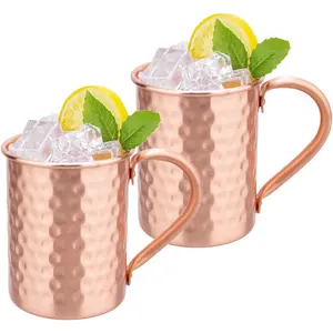 100% Pure Copper Cups Set of 2 - Moscow Mule Mugs with Handle - Copper Cup for Cold Drinking - Hand Hammered Finish Mug Gifts for Cocktail Drink Beer Wine Coffee Party Bar 14oz